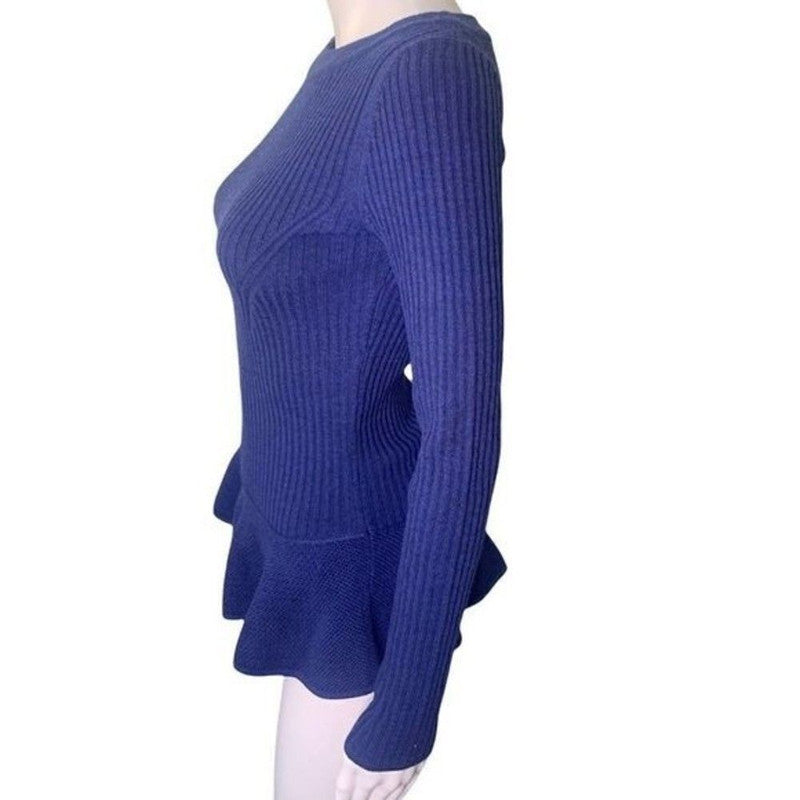 Tory Burch Sweater Women’s XS Blue Ribbed Merino Wool Preppy Peplum Cozy Knit