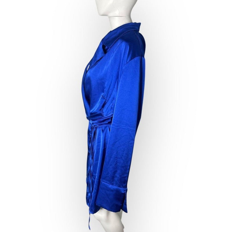 90s/Y2K Boohoo Satin Wrap Dress Women's 18 Blue Plus Size