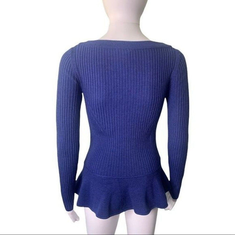 Tory Burch Sweater Women’s XS Blue Ribbed Merino Wool Preppy Peplum Cozy Knit