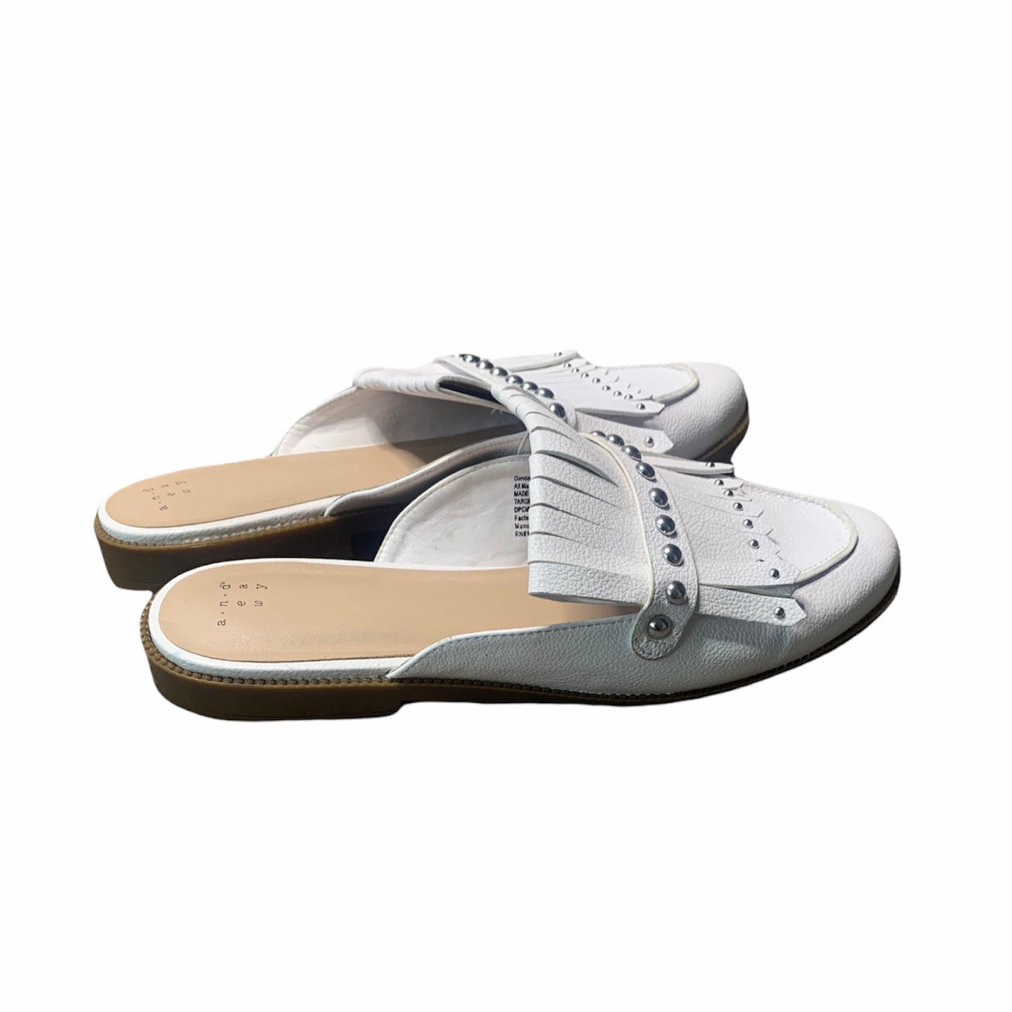 Women's Beaded Accent Faux Leather White Fringe Mules Size 11