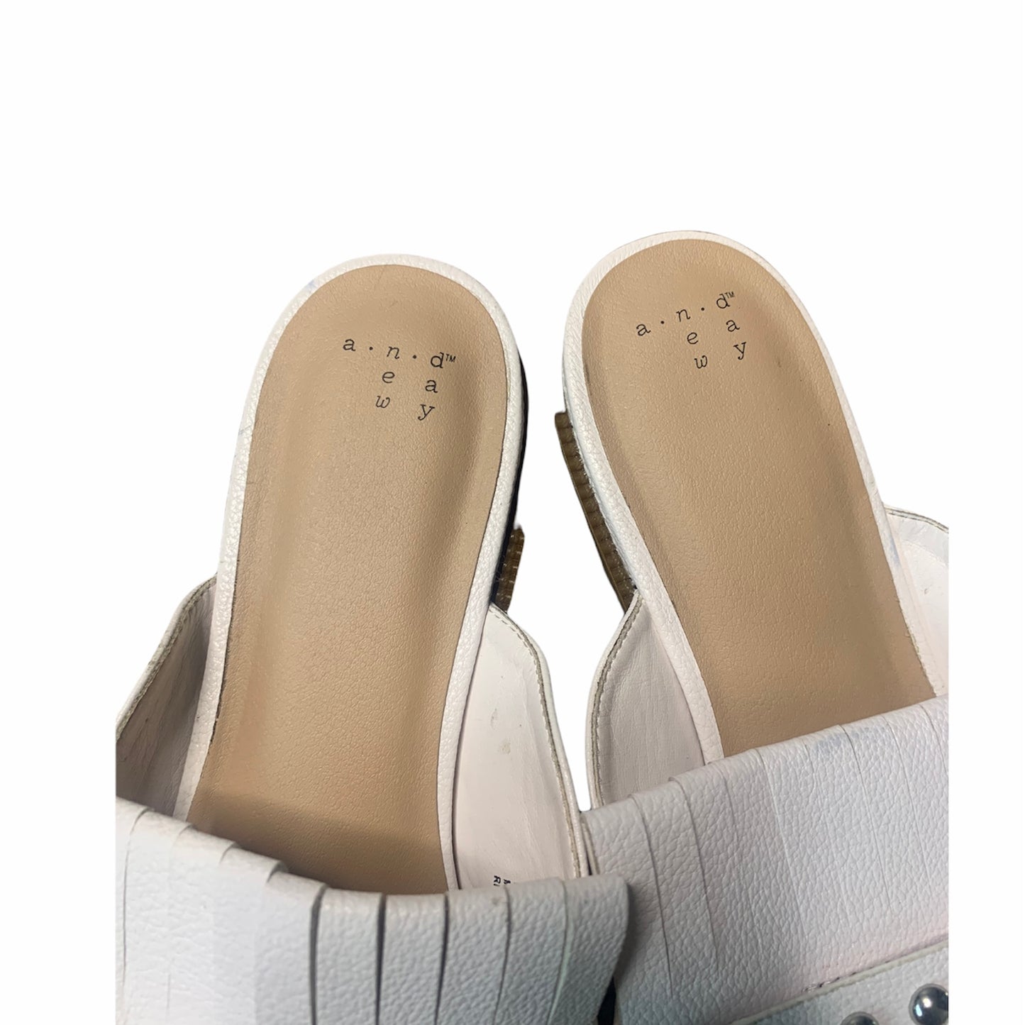 Women's Beaded Accent Faux Leather White Fringe Mules Size 11