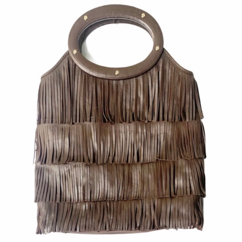 Chocolate Brown Fringe Wood Handle Bag