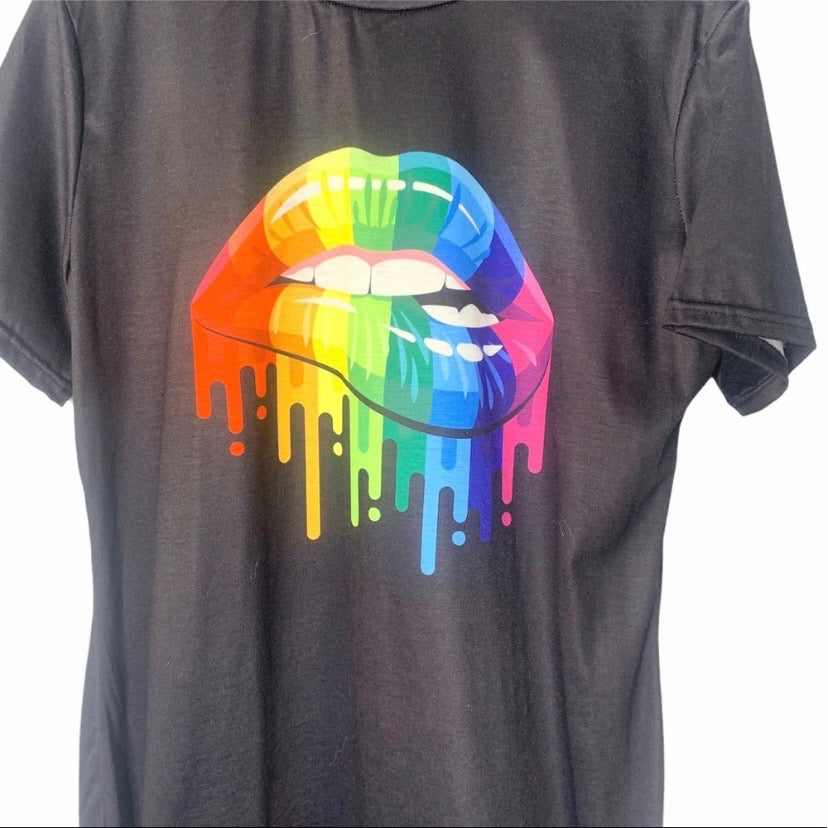 Black Short Sleeve Rainbow Kiss T Shirt Dress
