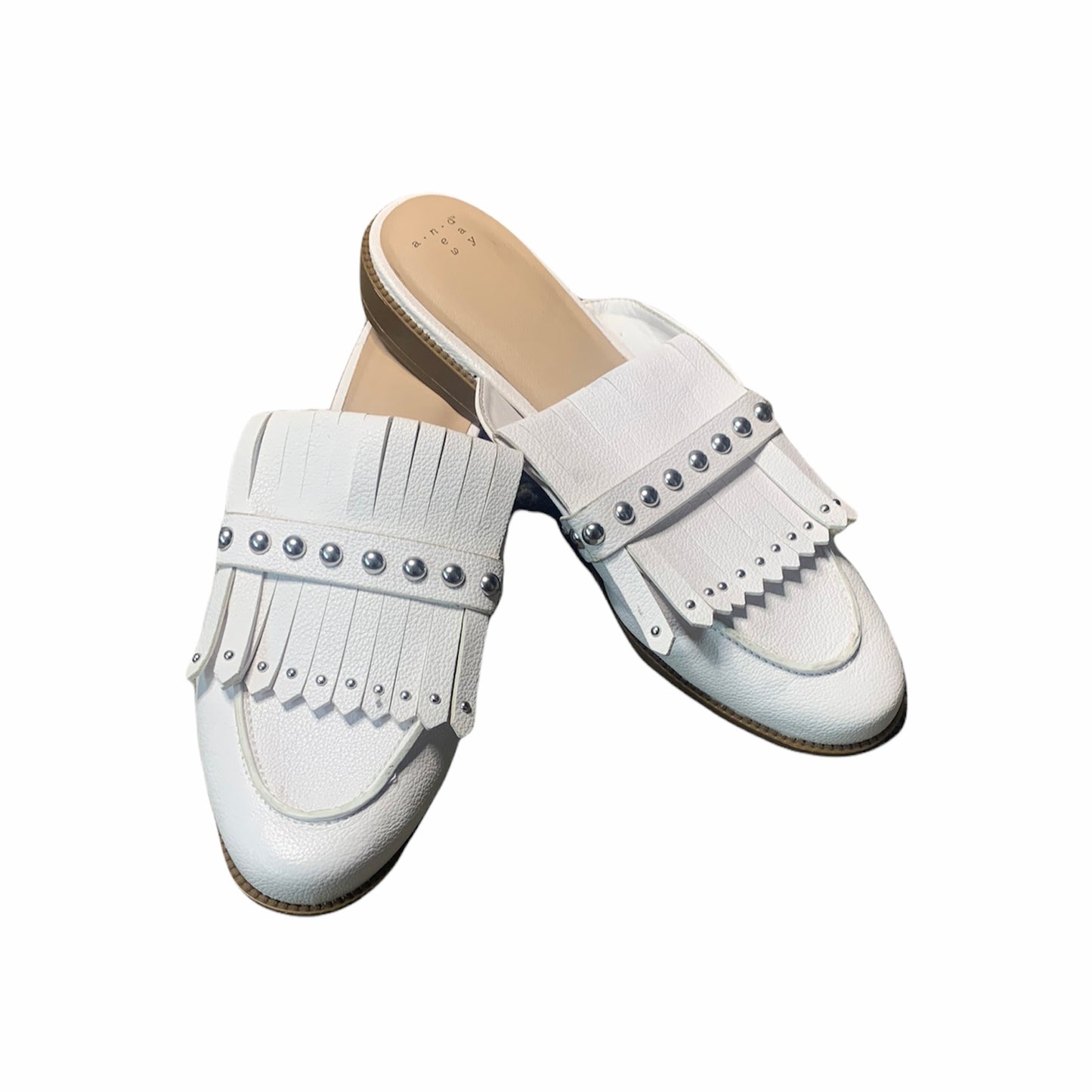 Women's Beaded Accent Faux Leather White Fringe Mules Size 11