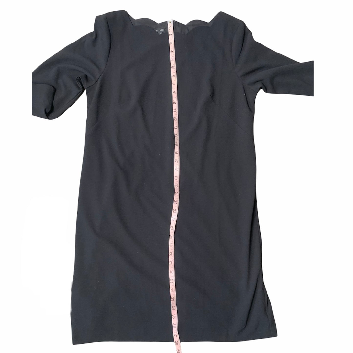 Black Moss Crepe Scalloped Neck ¾ Sleeve Shift Dress