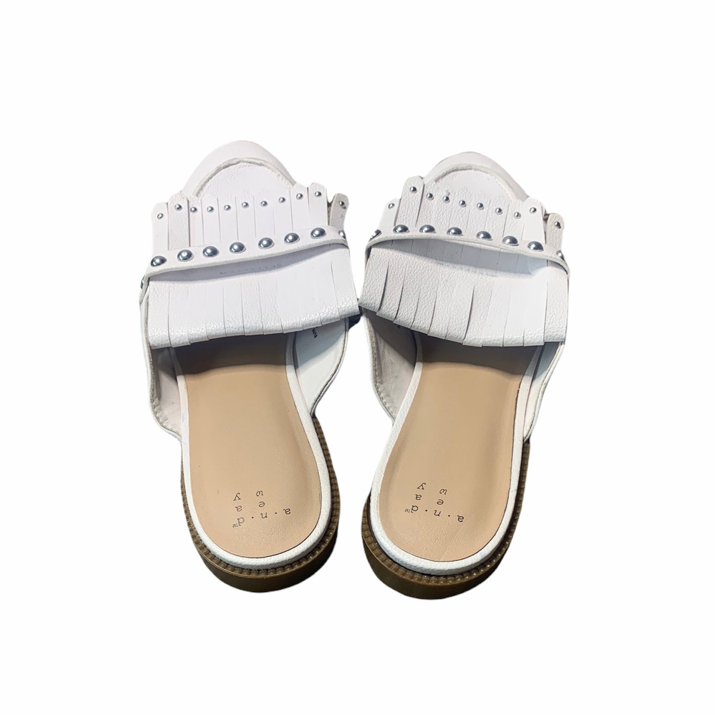 Women's Beaded Accent Faux Leather White Fringe Mules Size 11