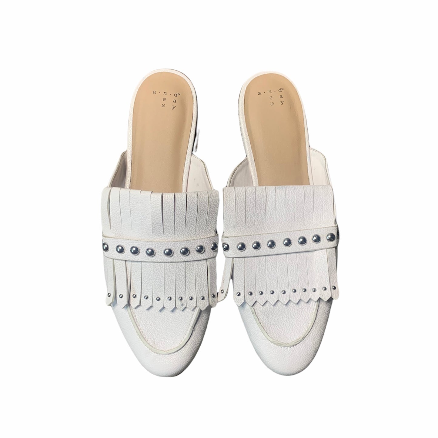 Women's Beaded Accent Faux Leather White Fringe Mules Size 11