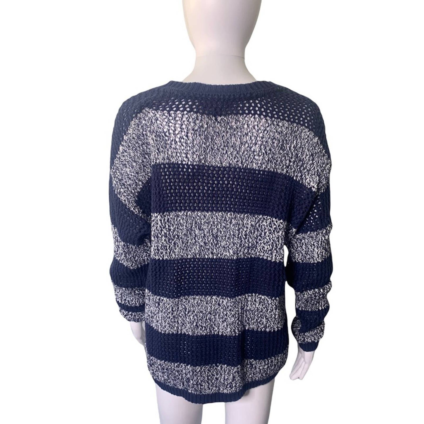 Women’s Open Knot Blue Striped V Neck Sweater Size XL