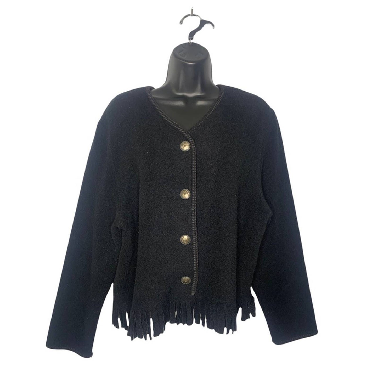 Vintage Button Front Fringe Black Wool Blend Cardigan
