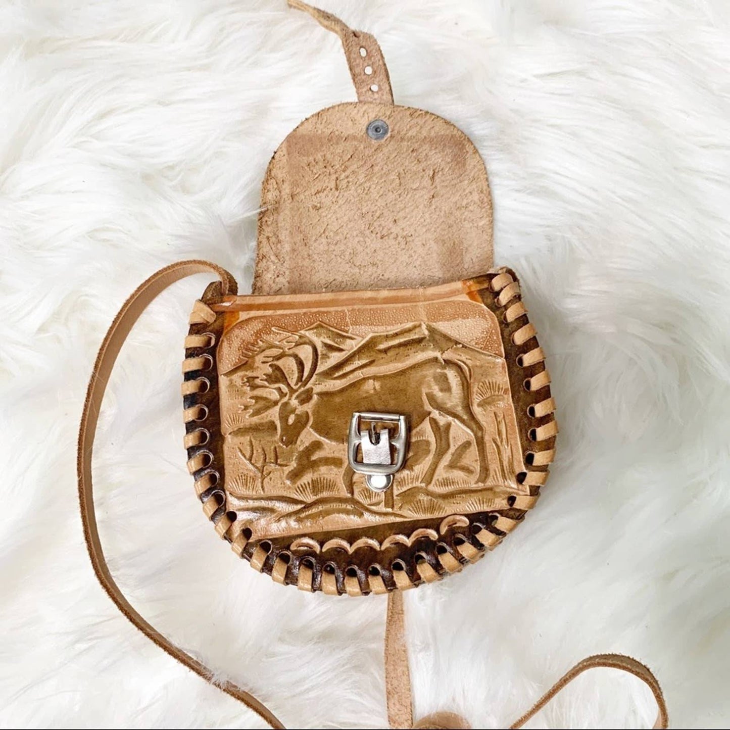 Vintage Handmade Leather Mini Nature Scene Bag