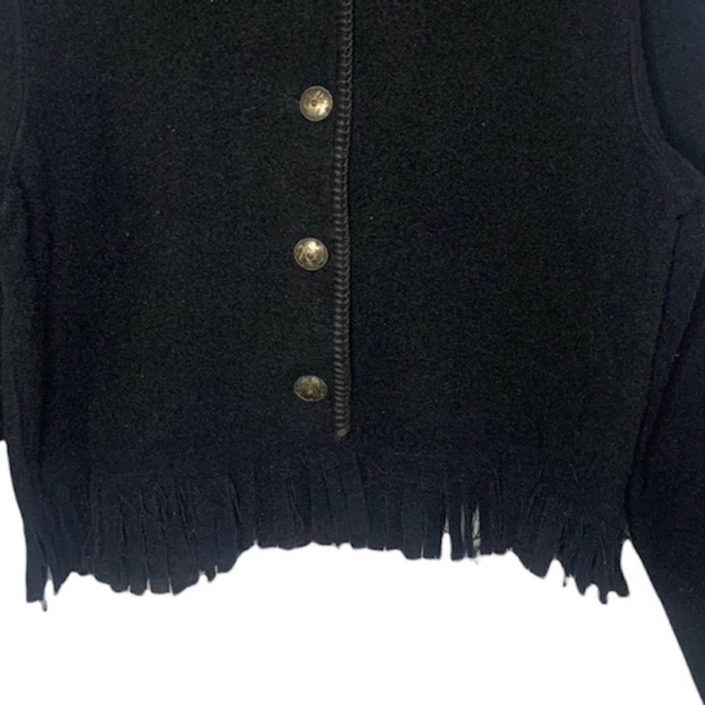 Vintage Button Front Fringe Black Wool Blend Cardigan