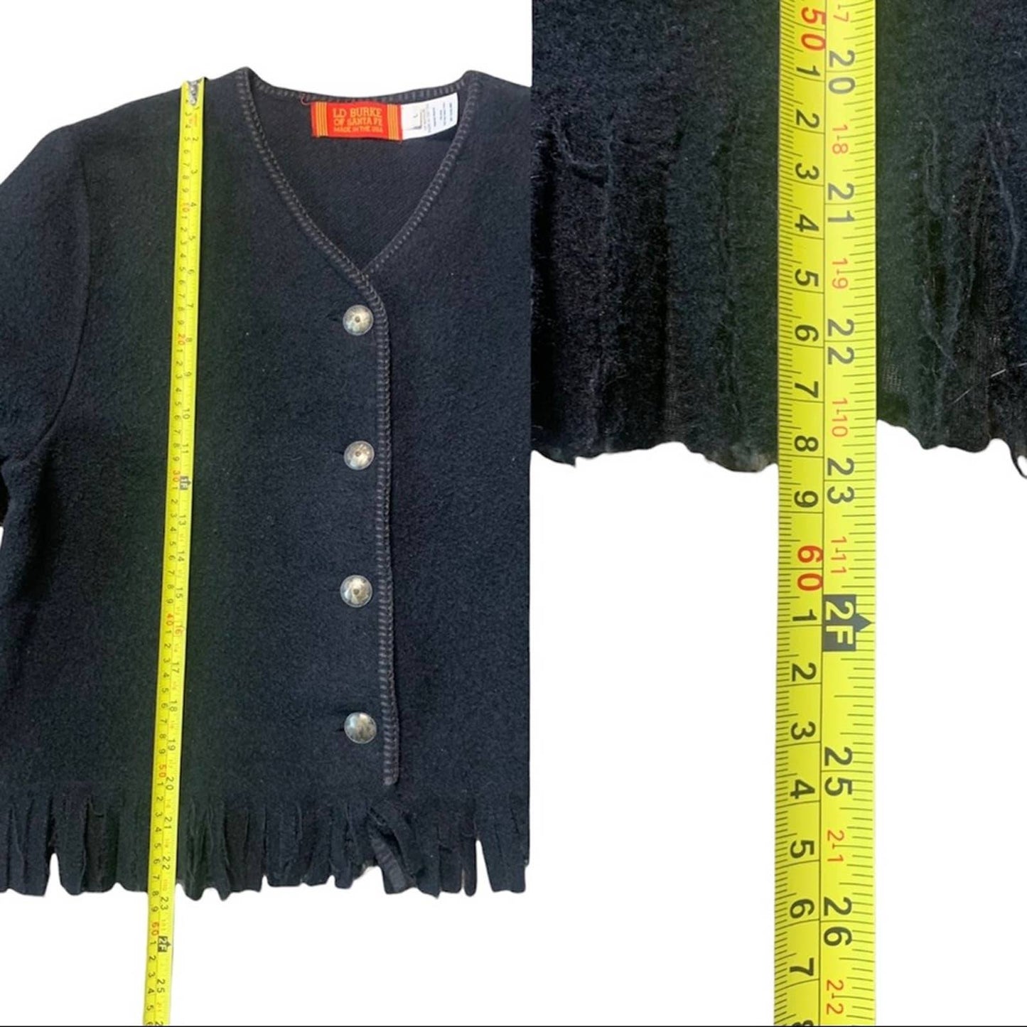 Vintage Button Front Fringe Black Wool Blend Cardigan