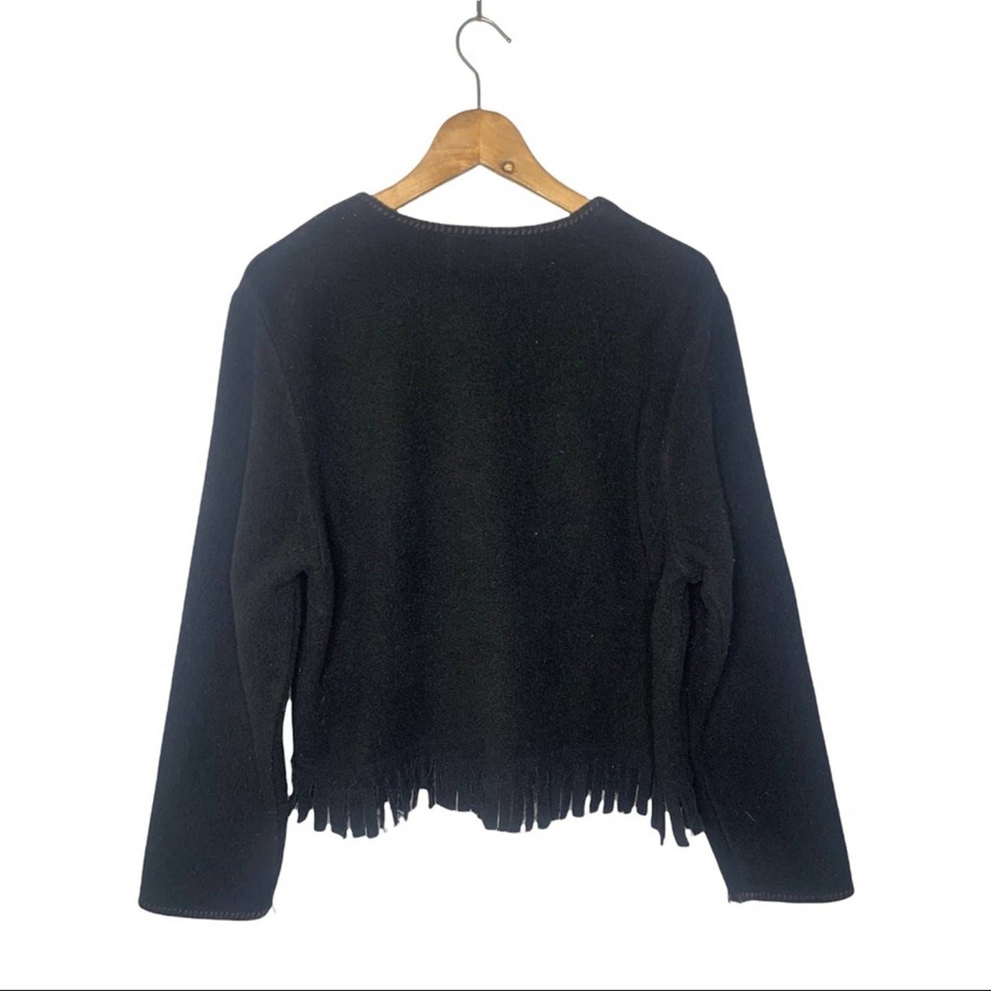 Vintage Button Front Fringe Black Wool Blend Cardigan