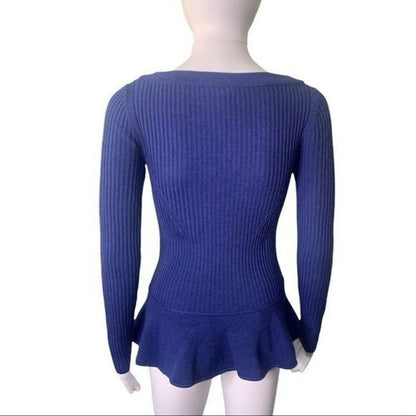 Tory Burch Sweater Women’s XS Blue Ribbed Merino Wool Preppy Peplum Cozy Knit