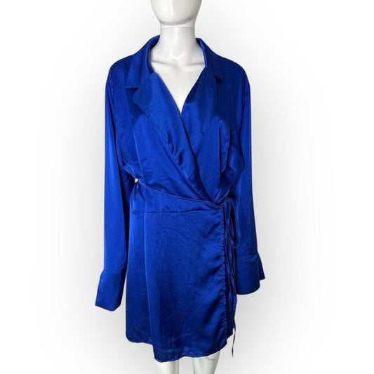 90s/Y2K Boohoo Satin Wrap Dress Women's 18 Blue Plus Size
