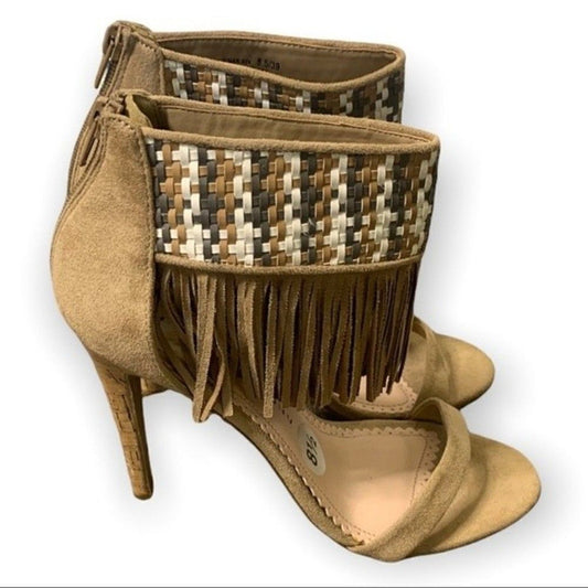 Chinese Laundry Heels Women's 8.5 Taupe Brown Tribal Fringe Stilettos