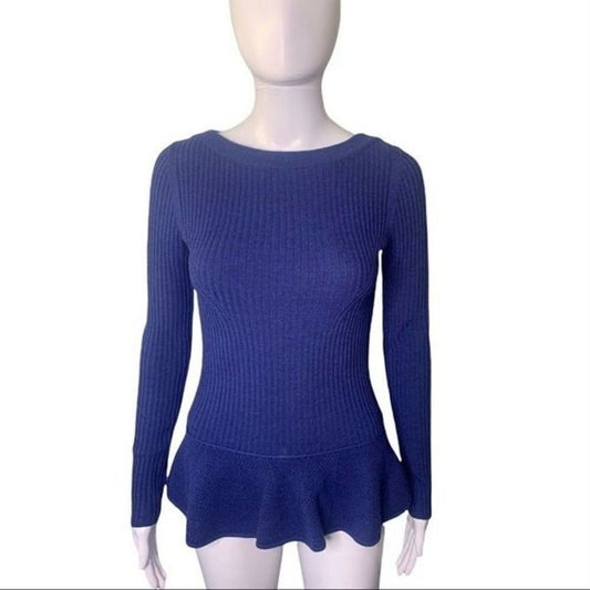 Tory Burch Sweater Women’s XS Blue Ribbed Merino Wool Preppy Peplum Cozy Knit