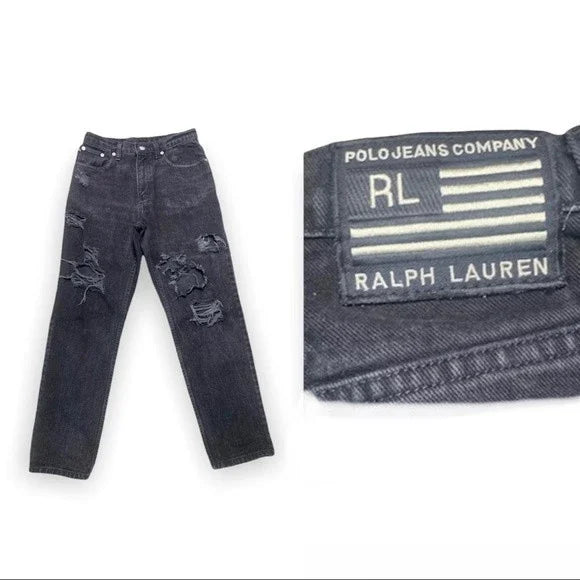 Ralph Lauren Polo Jeans Shredded Relaxed Fit Women’s Black Jeans Size 28"
