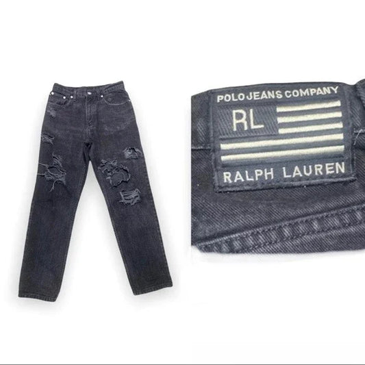 Ralph Lauren Polo Jeans Shredded Relaxed Fit Women’s Black Jeans Size 28"