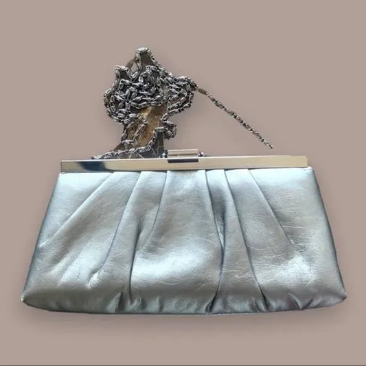 Gunne Sax Pleated Satin Silver Chain Clutch
