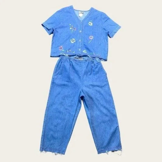 Vintage Teddi Embroidered Denim Top & Pants 2 Piece Set Reworked Women’s Size Large