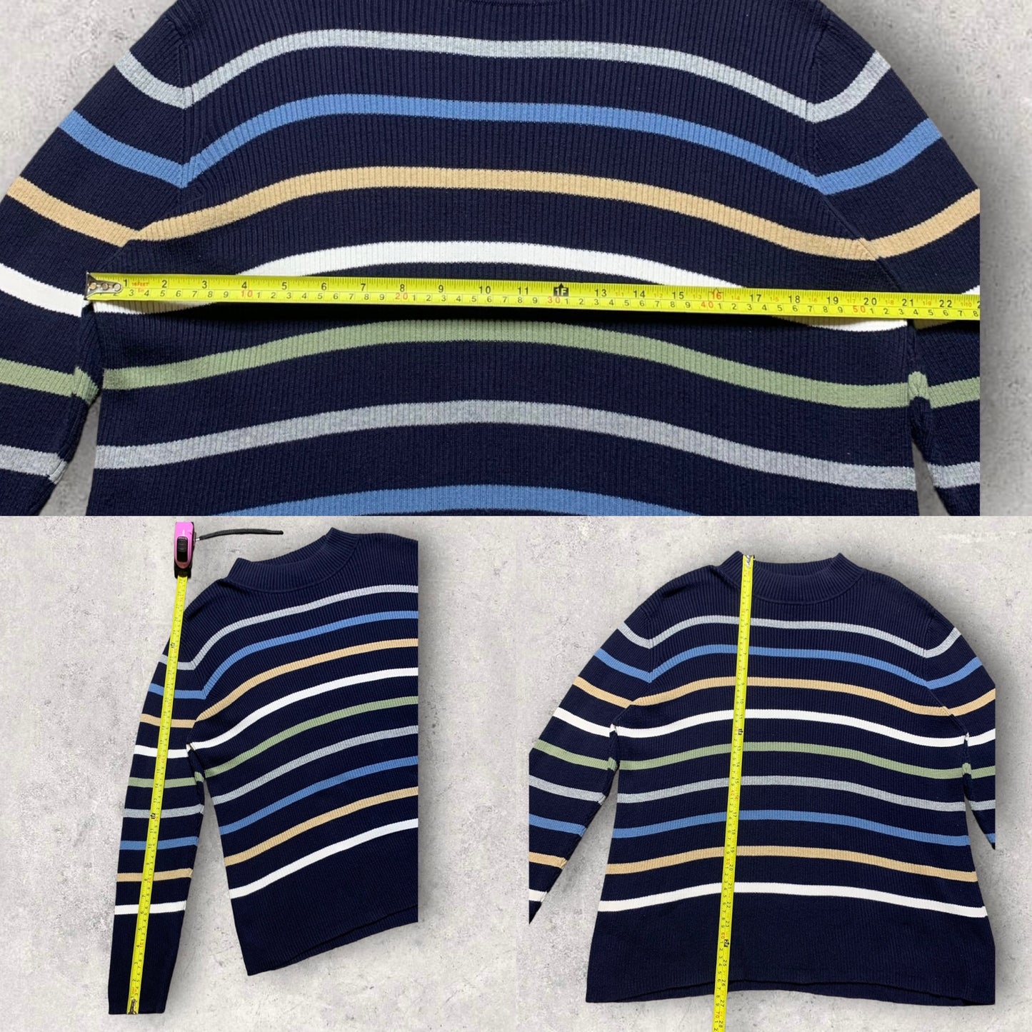 Vintage Karen Scott Gorpcore Ribbed Striped Blue Mock Neck Sweater Women’s Size XL