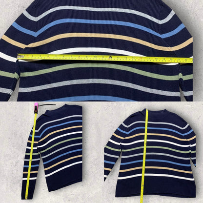 Vintage Karen Scott Gorpcore Ribbed Striped Blue Mock Neck Sweater Women’s Size XL