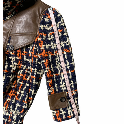 Women's Faux Leather Trim Crochet Knit Bomber Jacket