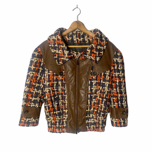 Women's Faux Leather Trim Crochet Knit Bomber Jacket