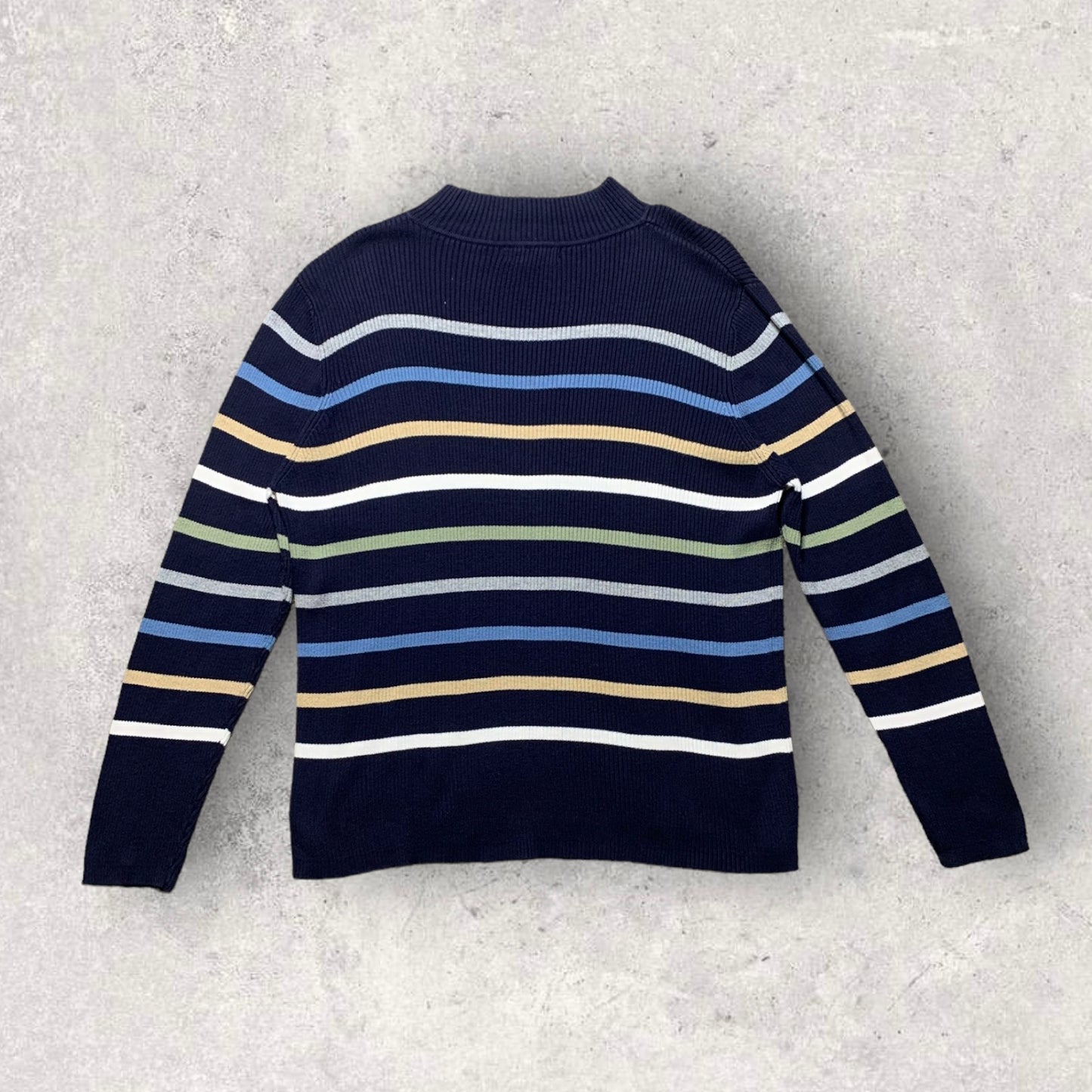 Vintage Karen Scott Gorpcore Ribbed Striped Blue Mock Neck Sweater Women’s Size XL