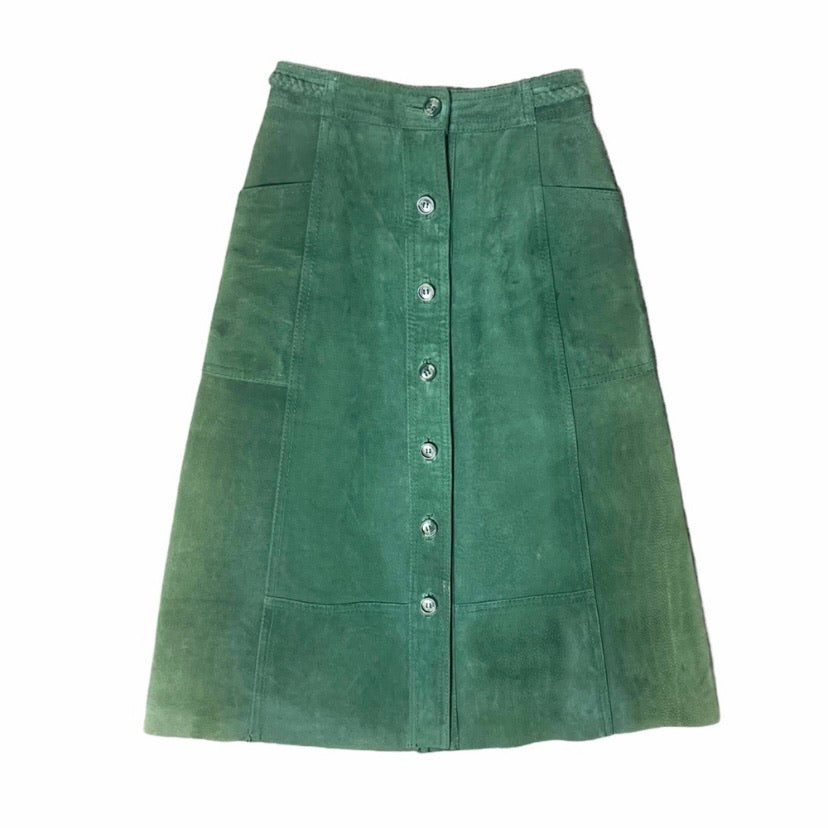 Vintage Forest Green Leather Button Front Midi Skirt
