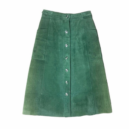 Vintage Forest Green Leather Button Front Midi Skirt
