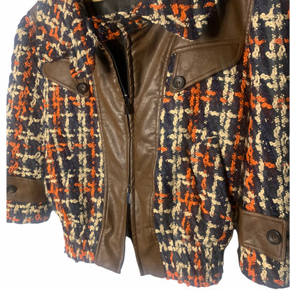 Women's Faux Leather Trim Crochet Knit Bomber Jacket