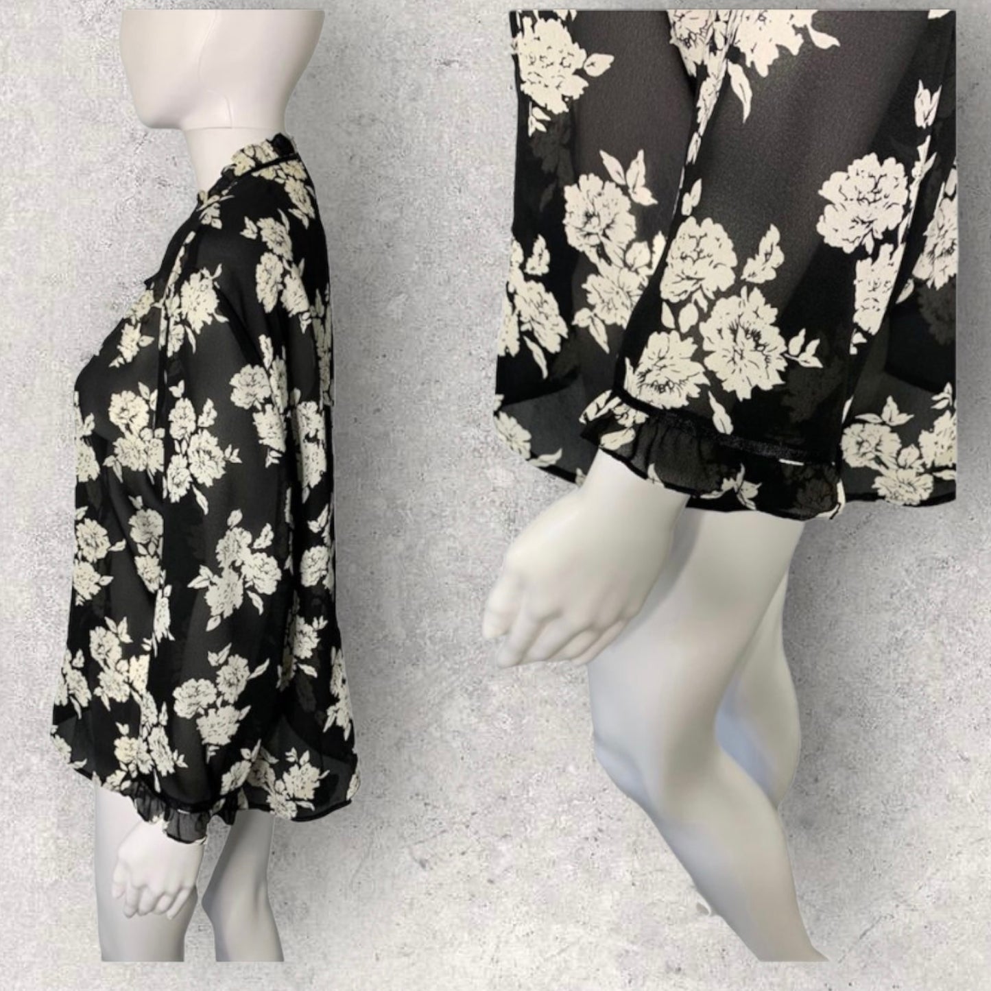 Vintage Kathy Che Black & White Floral Print Sheer Ruffle Button Front Blouse
