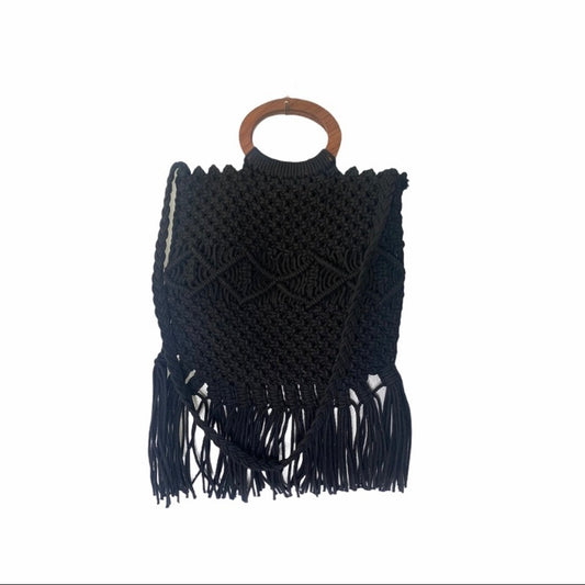 Macrame Wooden Handle Black Crochet Fringe Crossbody