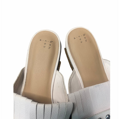 Women's Beaded Accent Faux Leather White Fringe Mules  Size 11