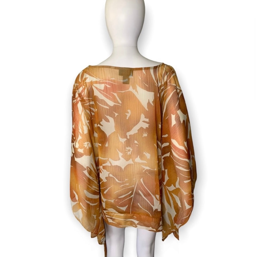 Lane Bryant Kimono Sleeve Tie Accent Orange & White Floral Blouse