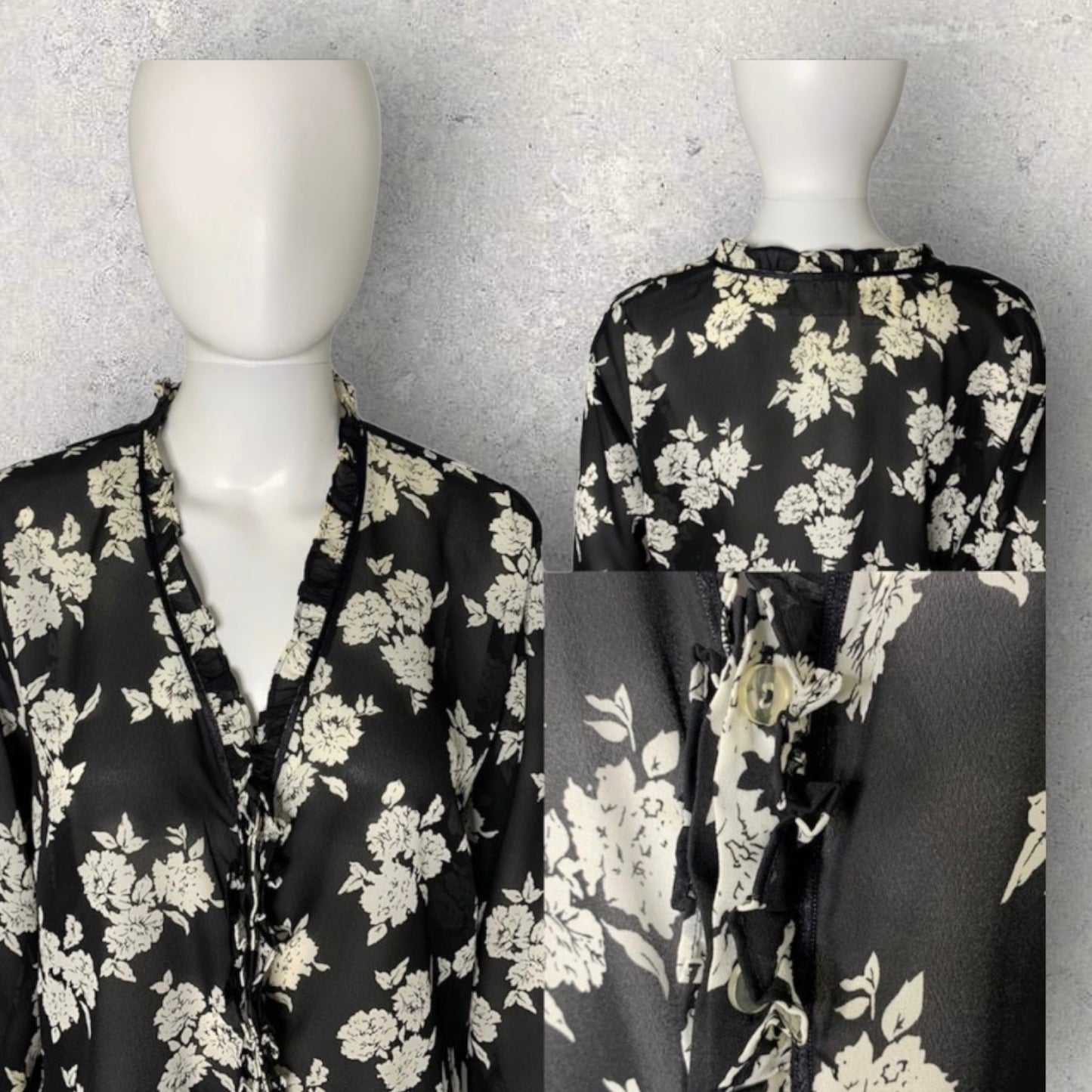 Vintage Kathy Che Black & White Floral Print Sheer Ruffle Button Front Blouse