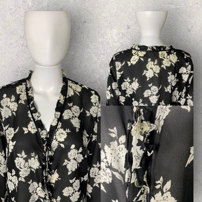 Vintage Kathy Che Black & White Floral Print Sheer Ruffle Button Front Blouse
