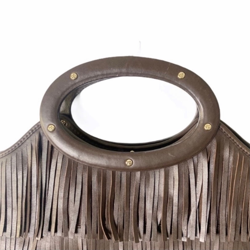 Chocolate Brown Fringe Wood Handle Bag