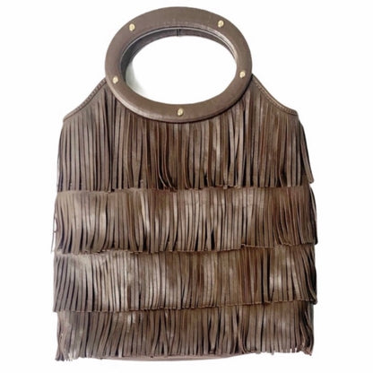 Chocolate Brown Fringe Wood Handle Bag