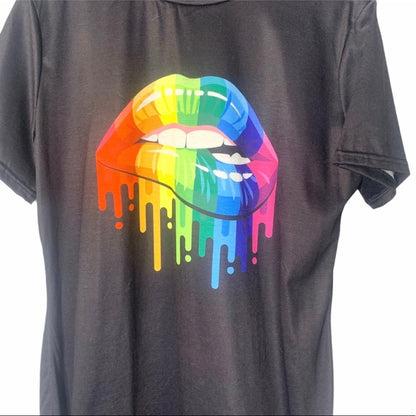 Black Short Sleeve Rainbow Kiss T Shirt Dress