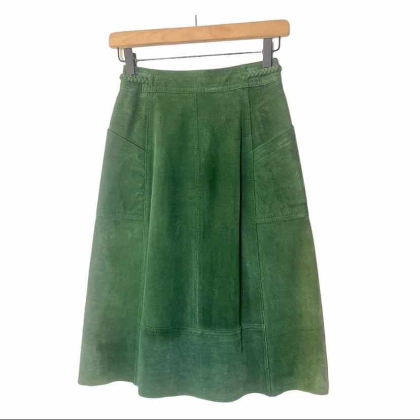 Vintage Forest Green Leather Button Front Midi Skirt
