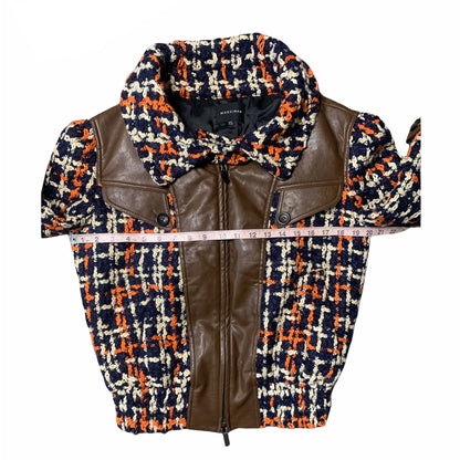 Women's Faux Leather Trim Crochet Knit Bomber Jacket