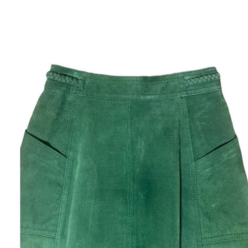 Vintage Forest Green Leather Button Front Midi Skirt