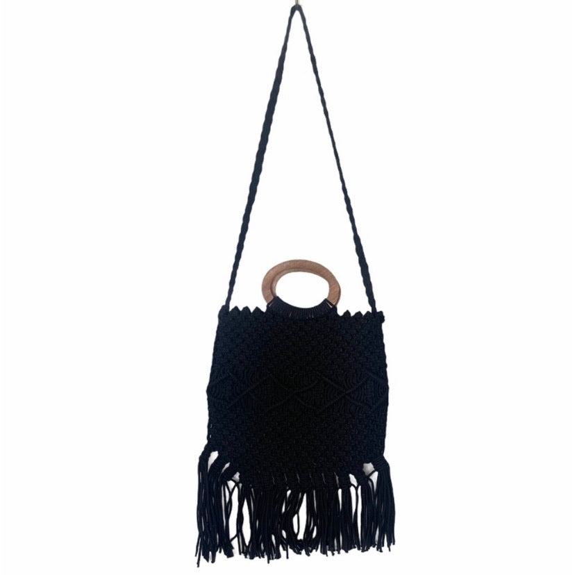 Macrame Wooden Handle Black Crochet Fringe Crossbody