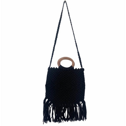 Macrame Wooden Handle Black Crochet Fringe Crossbody