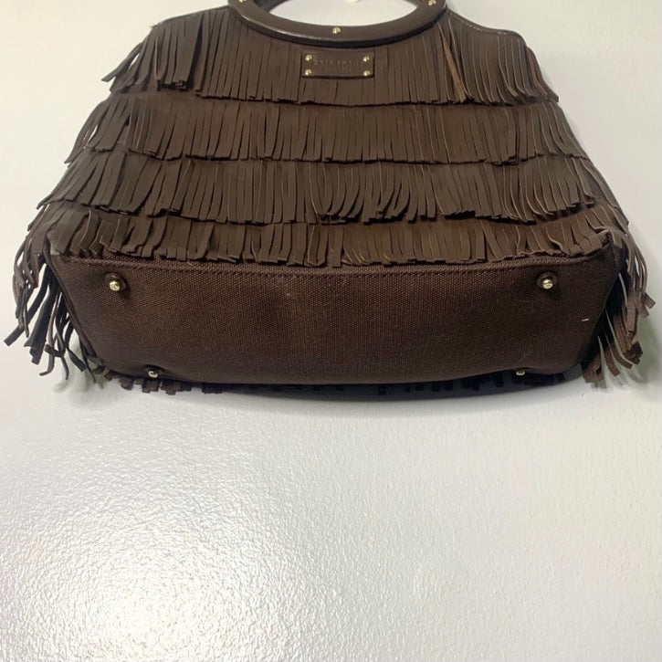 Chocolate Brown Fringe Wood Handle Bag