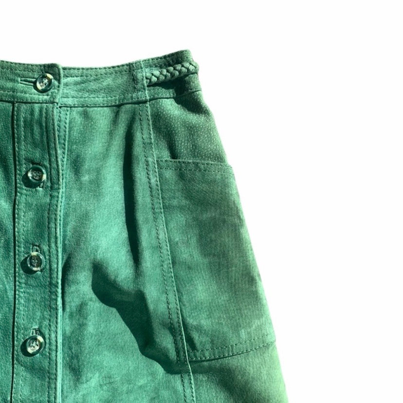 Vintage Forest Green Leather Button Front Midi Skirt