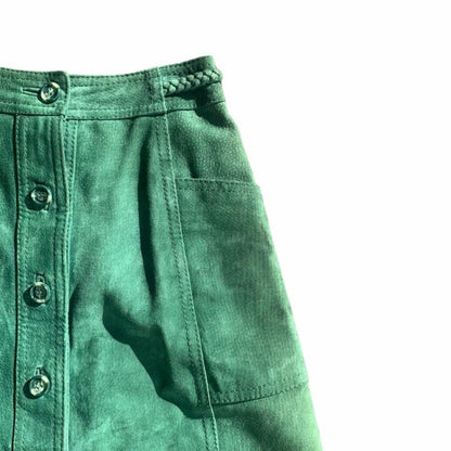 Vintage Forest Green Leather Button Front Midi Skirt